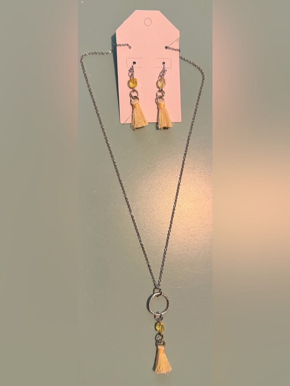 Silver-Tone Necklace with Yellow Tassel Pendant & Yellow Beaded Accents